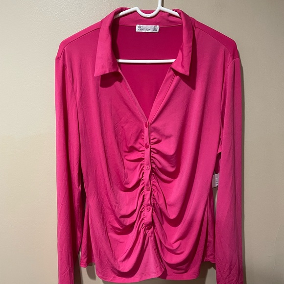 89th & Madison Hot Pink Ruched Button Down Shirt - Picture 1 of 7